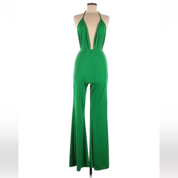 PrettyLittleThing Plunge Halter Neck Wide Leg Green Stripe Jumpsuit US 10 - Picture 3 of 10